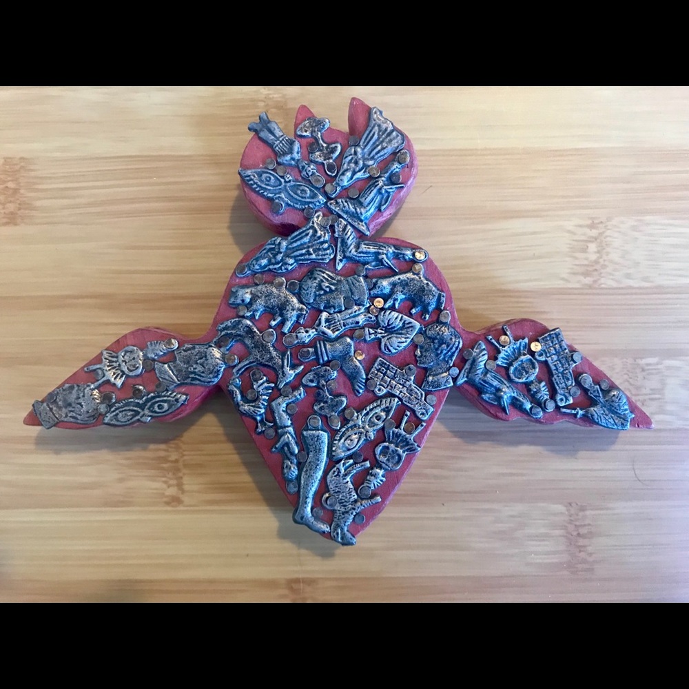 Flaming Heart Metal Tokens Mexican Folk Art